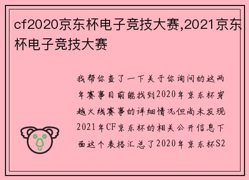 cf2020京东杯电子竞技大赛,2021京东杯电子竞技大赛
